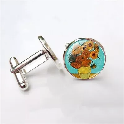 Women Men Vintage Cufflinks  Bullet Back Copper Sunflowers Art Painting Van Gogh • $0.99