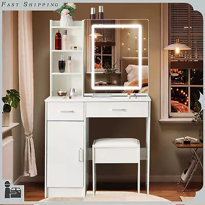 Makeup Dressing Table W/ Led Lighted Mirror Vanity Desk Stool Drawers & Cabinet • £144.81