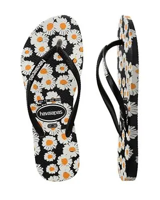 HAVAIANAS  SLIM DAISY CAITLI WHITE BLACK Genuine NEW KIDS THONGS FLIP FLOPS LOGO • $35.99