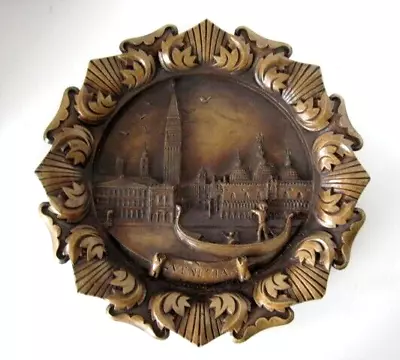 Vtg Wood Resin 3D Carved Wall Hanging Plate Venezia Panorama Venice Italy 9.5 In • $5