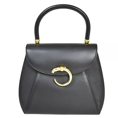 $588 • Buy CARTIER Logo Panther Hand Bag Leather Black Gold Italy 87MY819