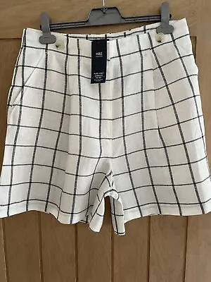 M&S Collection 100% Linen Shorts Size 14. Cream Check. BNWT. Cool Holidays ❤️❤️ • £11
