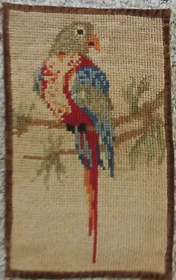 ANTIQUE KNOTTED NEEDLEPOINT Wool Panel 9.25  X 15  Colorful PARROT Velvet Edge • $44.95