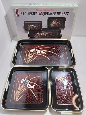 Vintage Japan Lacquerware Black Nesting Trays Set Of 3 • $8