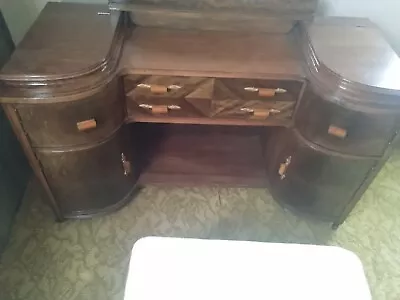 Used Wood Makeup Vanity Table And Stool With Mirror Attachment And Storage  • $800