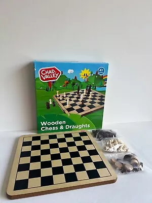 Chad Valley Wooden Board With Wooden Chess Set And Draught Pieces Game 4+ Years • £12.99