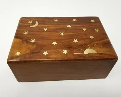 Celestial Stars Sun & Moon Brass Inlay Wooden 4x6 Jewelry Cards Trinket Box • $10.42