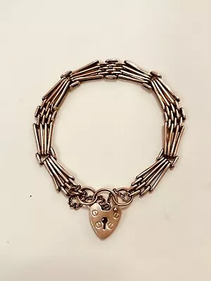 Vintage Victorian Women’s 9ct Rose Gold Four Gate Bracelet With Heart Padlock. • $950