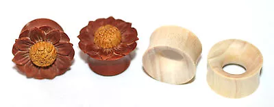 2 Pairs Organic Flower Wood Hand Carved Ear Plugs Tunnels Gauges 0g 00g 1/2 5/8 • $20.99