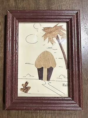 Vintage Handmade Wood Inlay Marquetry Framed Original Art Small Hut Palm Tree • $22