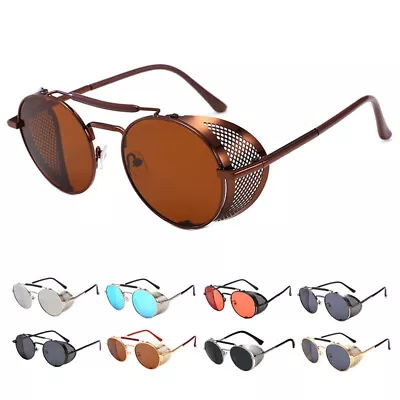 Retro Steampunk Sunglasses Metal Side Shield Round Glasses Vintage Shades Gafas • $13.69