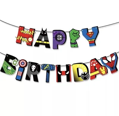 MARVEL Happy Birthday Banner Kids Hanging Bunting Foil Balloons Party Decoration • £3.99