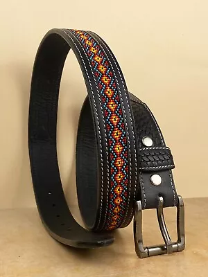 Full Grain Leather Hand Tooled Western Belt Cowboy Rodeo Beaded Removable Buckle • $44.99