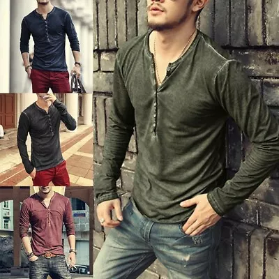 Blouse Henley V-Neck Button+Tops T Shirts Casual-Mens Long-Sleeve Cotton+Loose • $28.27