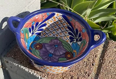 Talavera Mexican Pottery 7-1/2  Deep Bowl Hand Made Hand Painted Vintage Blue • $5.75
