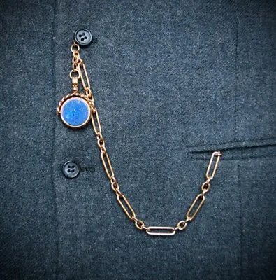 18ct Gold Plated Trombone Link Pocket Watch Albert Chain + Lapis Lazuli Spinner. • £44.99