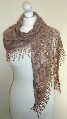 Brown Paisley Print Triangle Neck Scarf Embroidered Lace Tassels Lightweight • £5.95