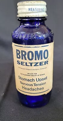 Vintage BROMO SELTZER ANTACID / ANALGESIC  BLUE BOTTLE WITH CAP • $14