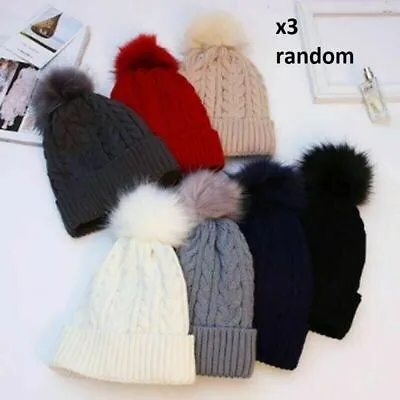 £12 • Buy 3x Ladies Pom Pom Womens Winter Hat Cable Knit Bobble Beanie Warm Wooly Cap