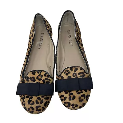 Ellen Tracy Bethesda Leopard Print Bow Calf Hair Flats Slip On Career Womens 6.5 • $14.06