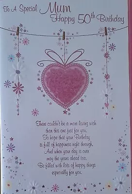 MUM BIRTHDAY 50TH CARD - HEART - MOM MOTHER - LARGE Approx 9  X 6  • £1.60