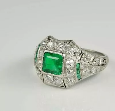 Princess Cut Emerald & Lab Created Diamond Wedding 14Ct White Gold Filled Ring • $189