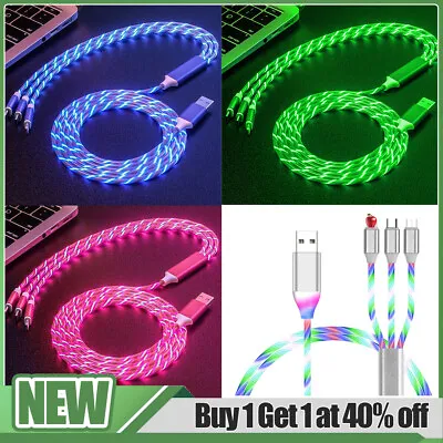 3 In 1 Charger Charging Cable USB Cord LED Light Up For IPhone Samsung Android • £3.96