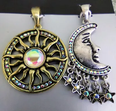 WHIMSICAL SUN And MOON RHINESTONE PENDANTS (2) Gold & Silver Tone • $6.67