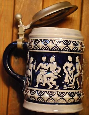 Vintage MARZI & REMY Germany Beer Stein Mug W Lid Cobalt Stoneware DANCERS   • $31.99