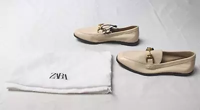 ZARA Women's Slip On Buckled Soft Leather Loafers JW7 Cream Size US:6.5 EUR:37 • $35.14