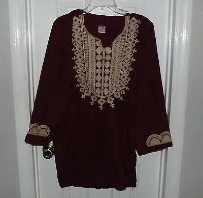 🌺 Women's Burgundy Embroidered Dashiki Shirt Size Medium • £7.66