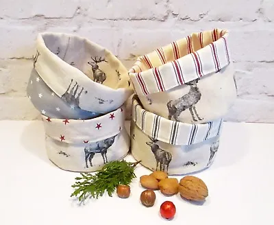 Handmade Fabric Storage Bread Basket -Linen Grey Highland Stag Stripes Stars • £7.85