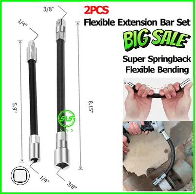 2pc FLEXIBLE EXTENSION 8  X 3/8  & 6  X 1/4  Socket Bar Ratchet Drive Long Flex • $8.79