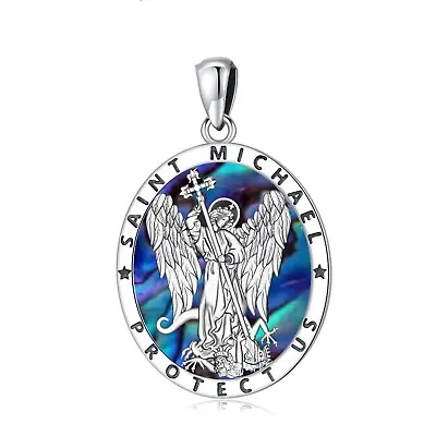 925 Sterling Silver Saint Michael Archangel Pendant With Lustrous Abalone Shell • £39.88