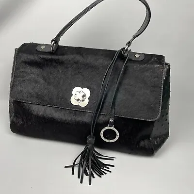 EDINA RONAY Handbag Clutch Bag Black Leather Cowhide Tasselled Top Handle • £26.99