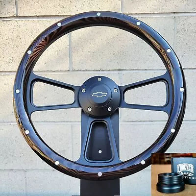 14  Black Billet Steering Wheel Dark Pine Aluminum Rivets 1974-94 C10 Pickup • $223.18