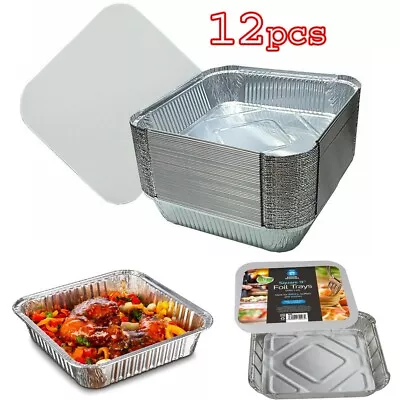 12 X SQUARE ALUMINIUM FOIL TRAYS Food Containers + Lids Takeaway 9  X 9  X 1.5  • £7.59