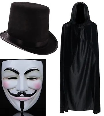Anonymous Mask Cape & Top Hat V For Vendetta Guy Fawkes Adult Halloween Scary • £16.98