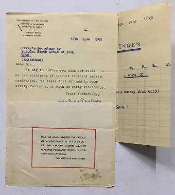 1969 India VAN INGEN MYSORE To Nawab Tonk For Unpaid Invoice (11383) • $99.99