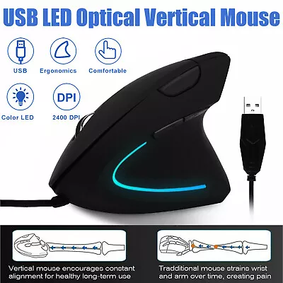 Ergonomic Optical Vertical Mouse Mice USB Wired LED Mice 2400 DPI For Laptop PC • $12.48