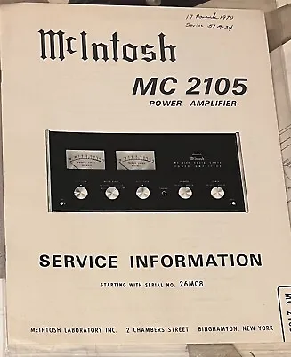 McIntosh MC-2105 Service Manual Power Amplifier No.26M08 038-360 Original • $24.99