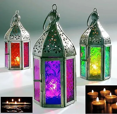 Moroccan Mini Iron Tonal Glass Lanterns Tealight Tea Light Holder Home Garden • £3.95