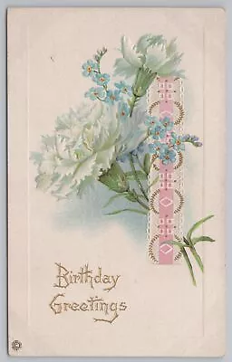 Stecher~528 B~Birthday Greetings~Blue Bonnets~White Carnations~PM 1919 Postcard • $2.80