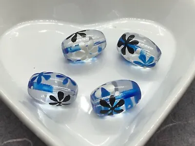 £1.65 • Buy 4 Oval Handmade & Hand Painted Beads, 18mm X 10mm Approx, Blue & Black  Flower