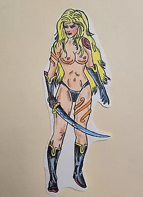 Original Vintage 1970s Freaky Woman Viking Pinup Tattoo Flash Cut FL MA 2.5x6 • $77