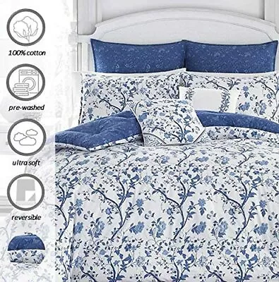 Laura Ashley Elise Rose Floral 3P King Duvet Set Cotton Reverses Porcelain Blue • £108.91