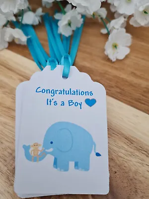 Baby Shower Congratulations Its A Boy Baby Elephant Gift Tags Blue Ribbon • £2.99
