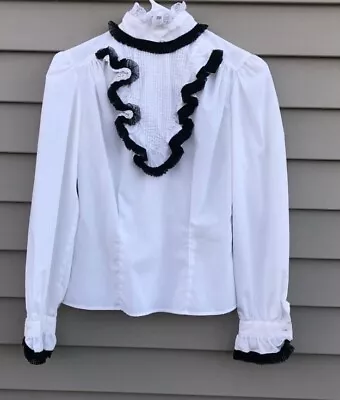 Vintage Victorian Tuxedo Fitted Blouse Shirt W/ Ruffles High Neck Wonens • $26