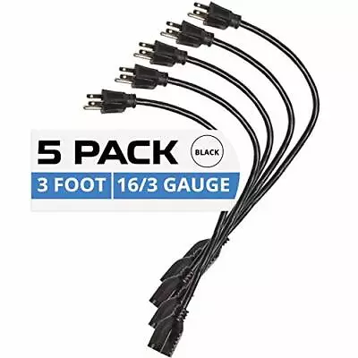 5 Pack Of 3Ft Black Extension Cords - 16/3 SJT Durable Electrical Extension Cord • $25.99