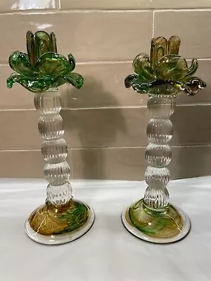 Pair Of Vintage Venetian Hand Blown Floriform Candlesticks Candle Holders • $95